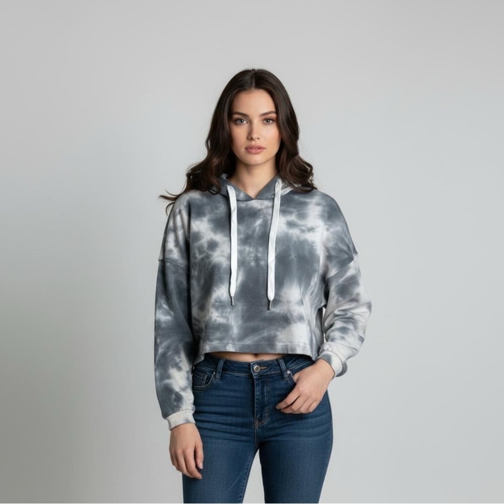 Elodie Revolve Tie-Dye Gray White Cropped Hoodie Relaxed Boxy Fit Size Small
